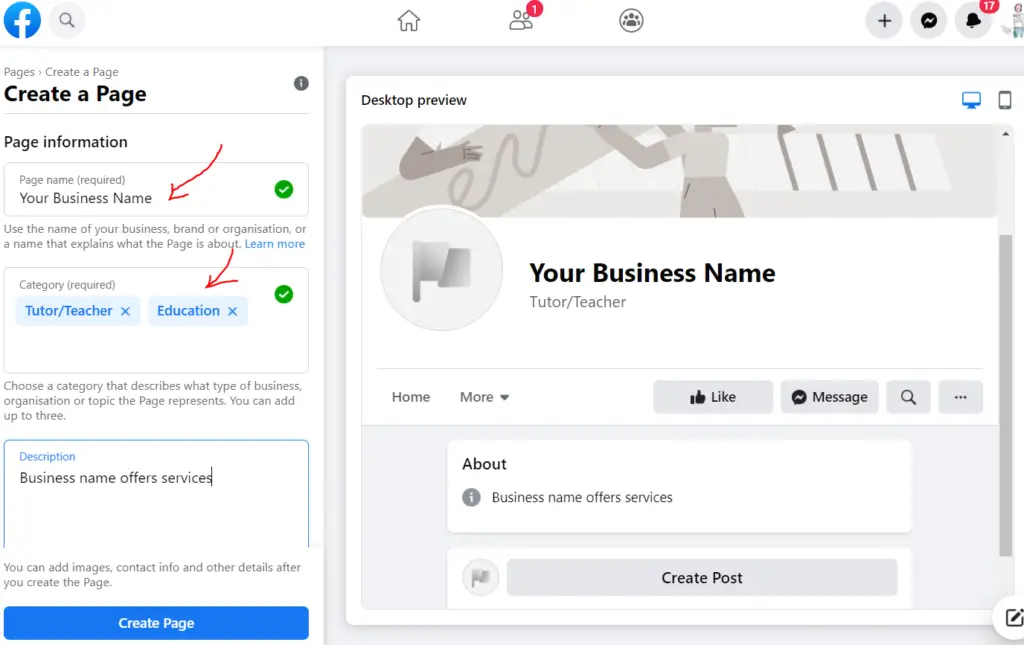 create a facebook business page