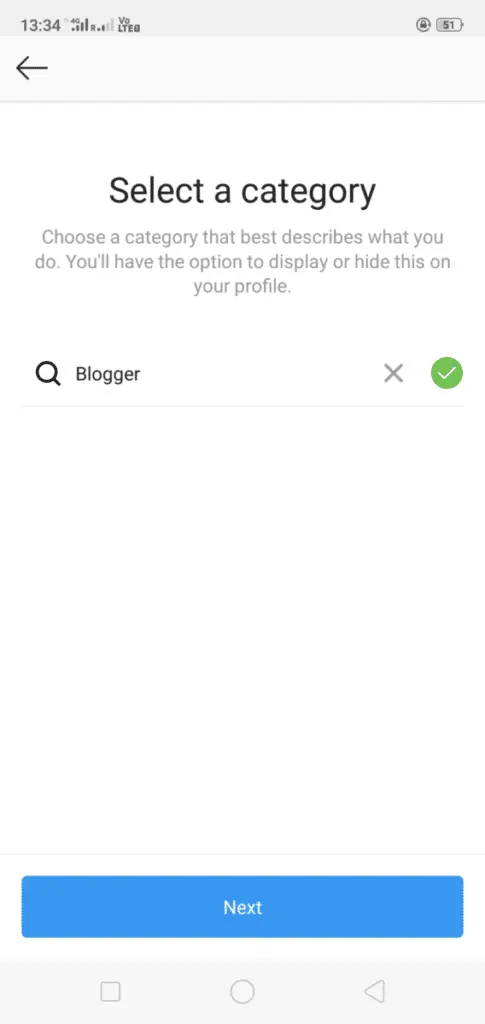 I selected Blogger as my Instagram Creator Account Category